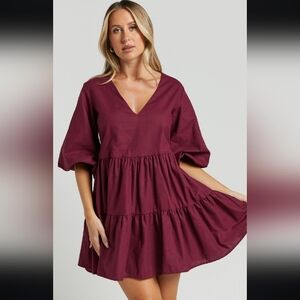 Burgandy Puff Sleeve Tiered Babydoll Midi Dress Large